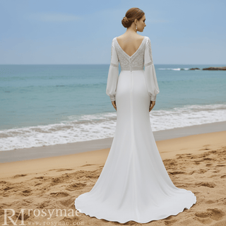 Gorgeous Long Sleeves V-Neck Mermaid Wedding Dress - Rosymae