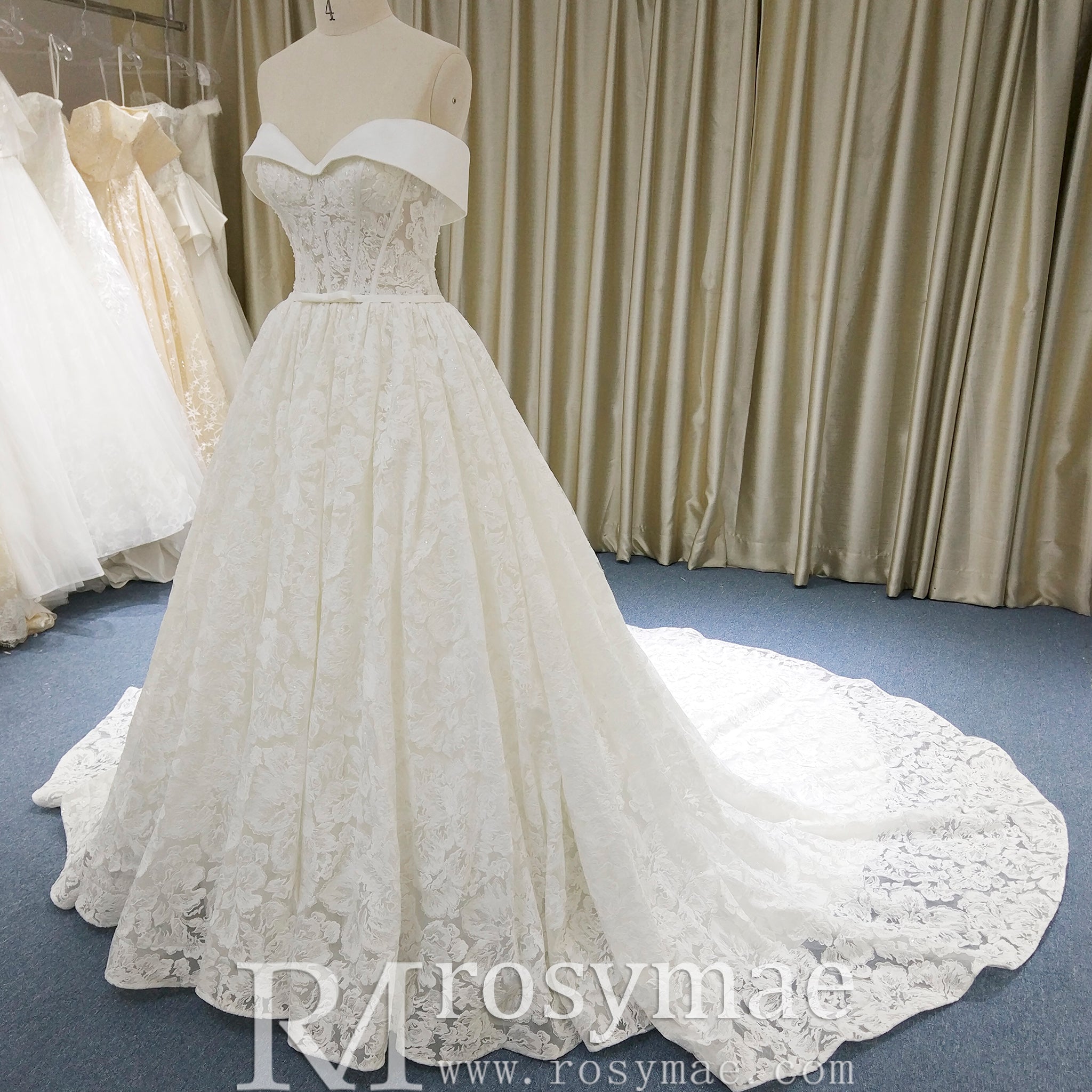 Gorgeous Off the Shoulder Ball Gown Floral Lace Wedding Dress for Elegant Bride - Rosymae