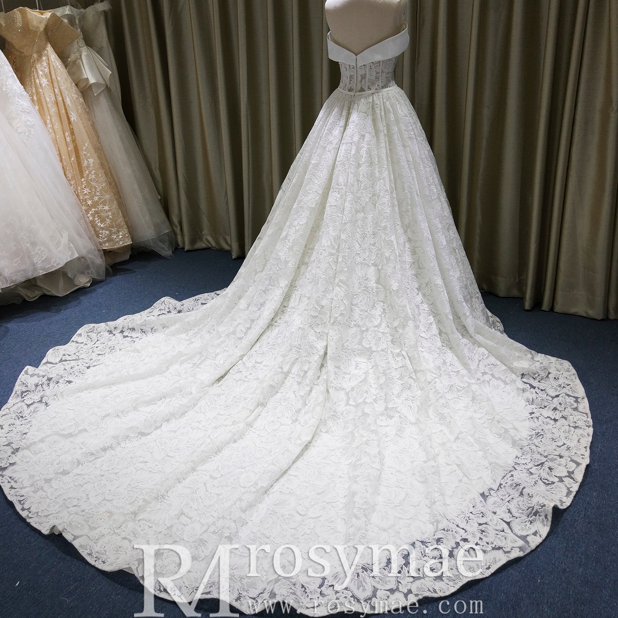 Gorgeous Off the Shoulder Ball Gown Floral Lace Wedding Dress for Elegant Bride - Rosymae