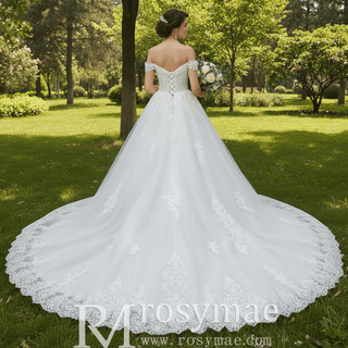 Gorgeous Off the Shoulder Ballgown Lace Wedding Dress for Elegant Bride - Rosymae