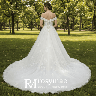 Gorgeous Off the Shoulder Lace Ball Gown Wedding Dresses - Rosymae