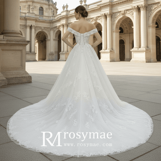 Gorgeous Off the Shoulder Lace Ball Gown Wedding Dresses - Rosymae