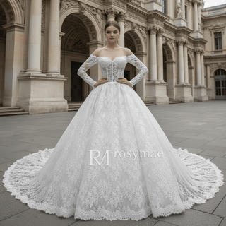 Gorgeous Off-the-shoulder Long Sleeve Lace Wedding Dress - Rosymae