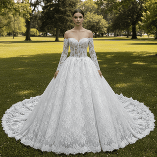 Gorgeous Off-the-shoulder Long Sleeve Lace Wedding Dress - Rosymae