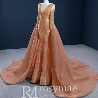 Gorgeous Orange Red Carpet Evening Dress with Long Sleeve - Rosymae