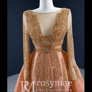 Gorgeous Orange Red Carpet Evening Dress with Long Sleeve - Rosymae