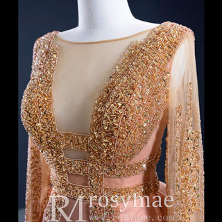 Gorgeous Orange Red Carpet Evening Dress with Long Sleeve - Rosymae