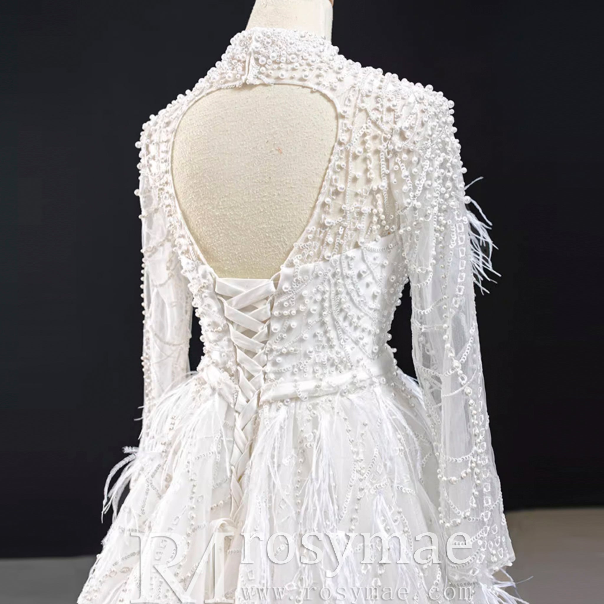 Gorgeous Pearls Ostrich Wedding Dress with Detachable Skirt - Rosymae