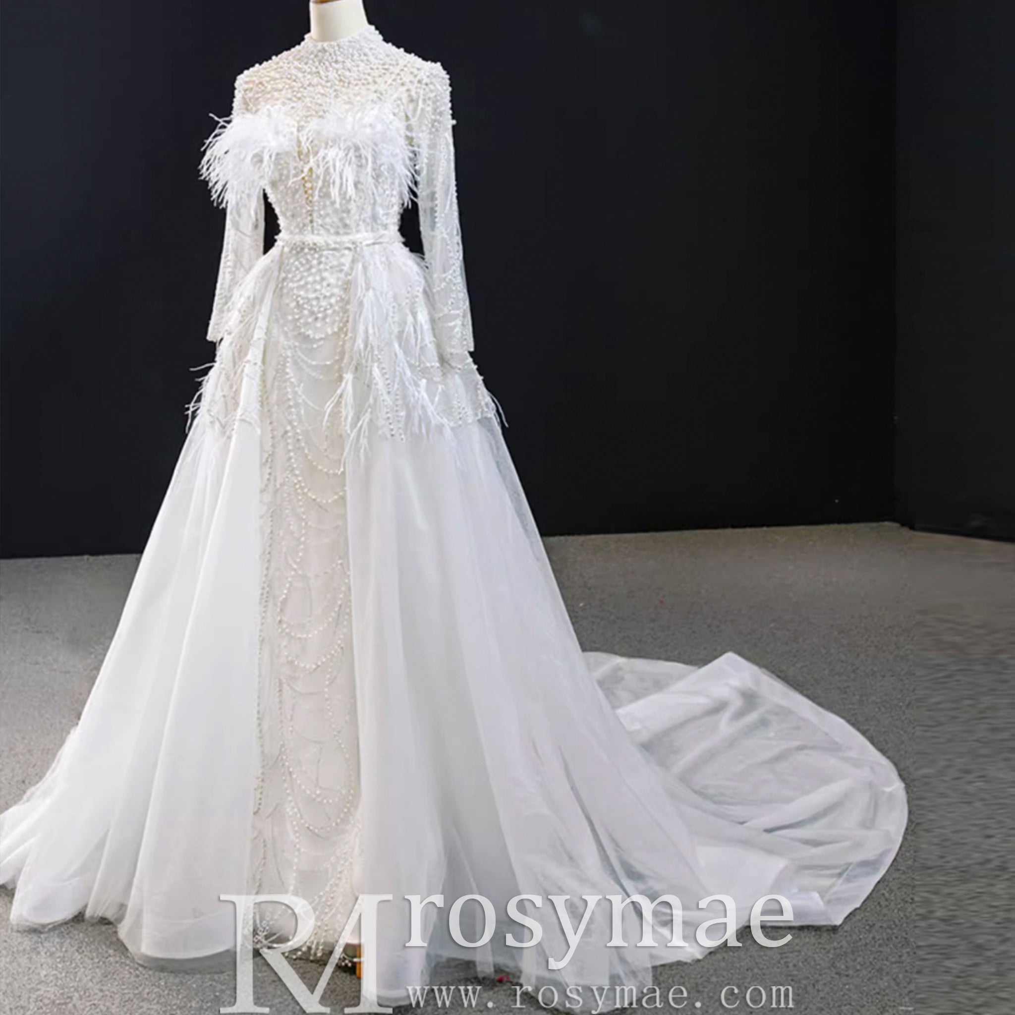 Gorgeous Pearls Ostrich Wedding Dress with Detachable Skirt - Rosymae