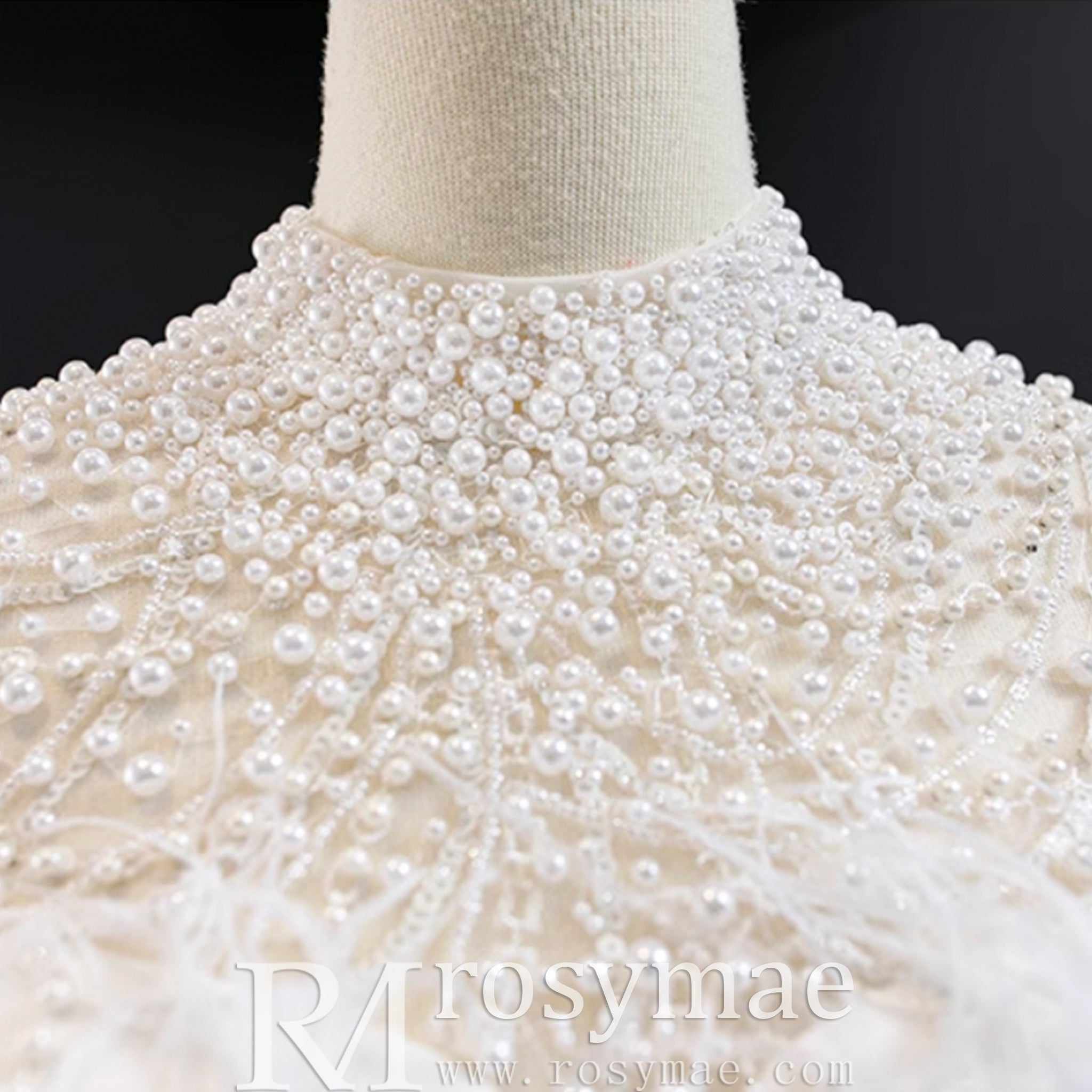 Gorgeous Pearls Ostrich Wedding Dress with Detachable Skirt - Rosymae