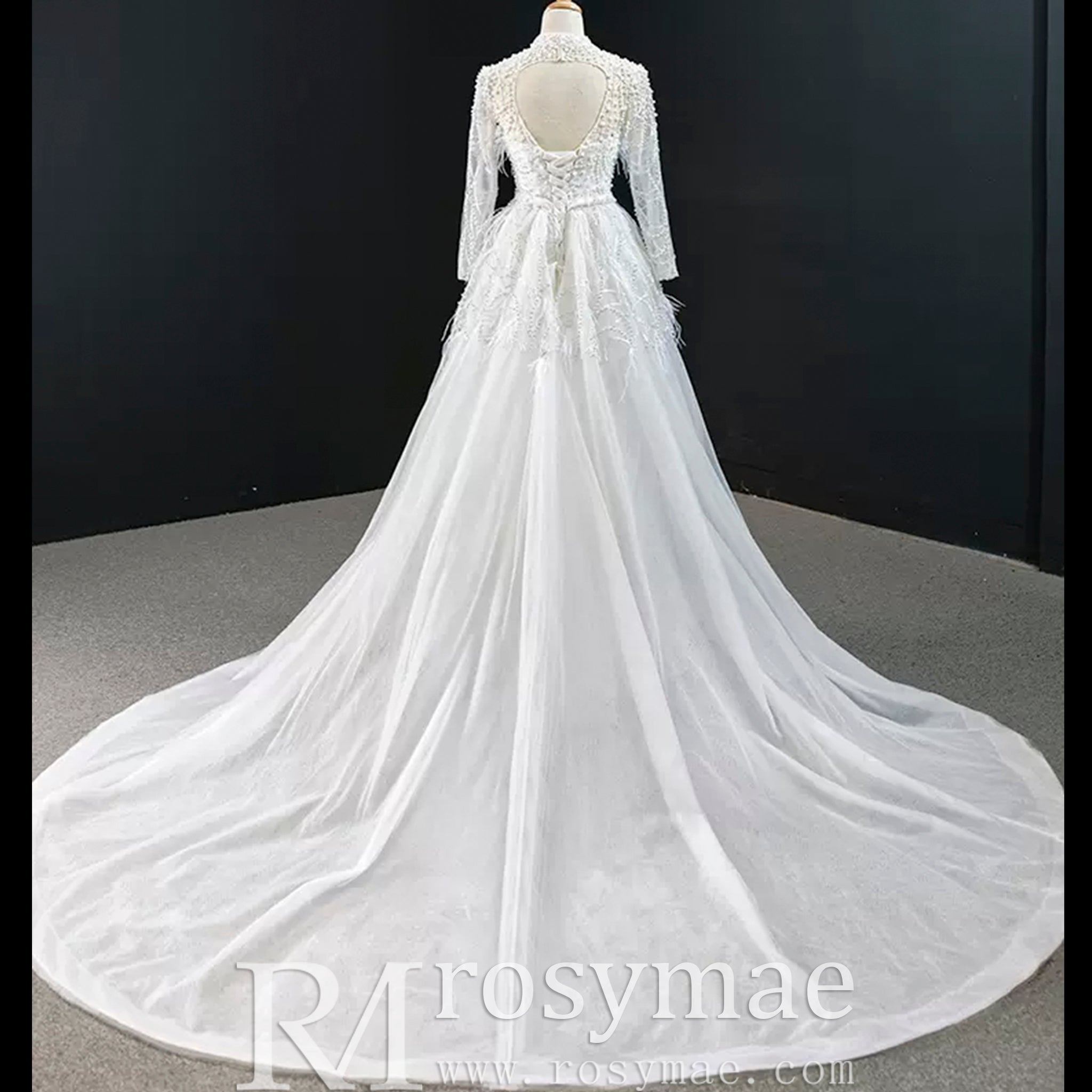 Gorgeous Pearls Ostrich Wedding Dress with Detachable Skirt - Rosymae