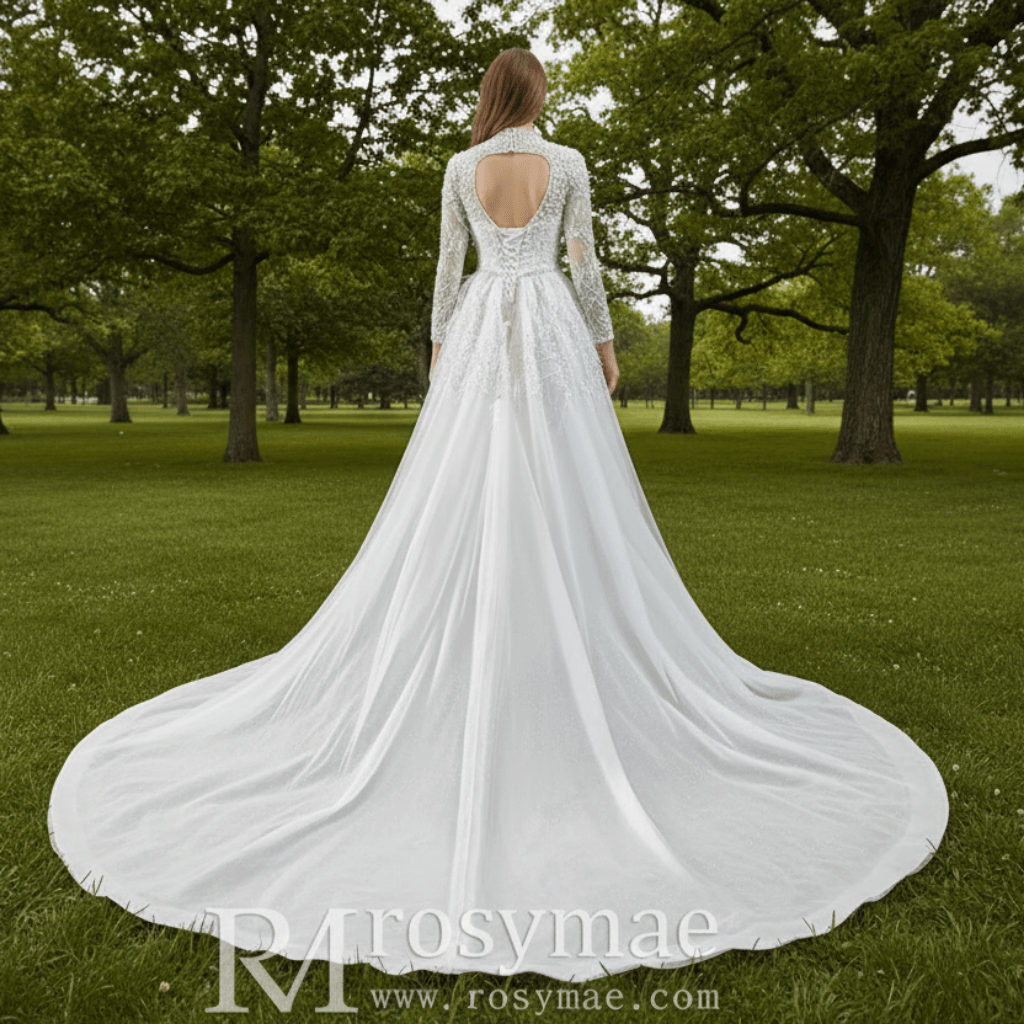 Gorgeous Pearls Ostrich Wedding Dress with Detachable Skirt - Rosymae