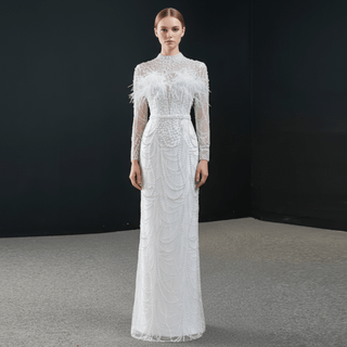 Gorgeous Pearls Ostrich Wedding Dress with Detachable Skirt - Rosymae