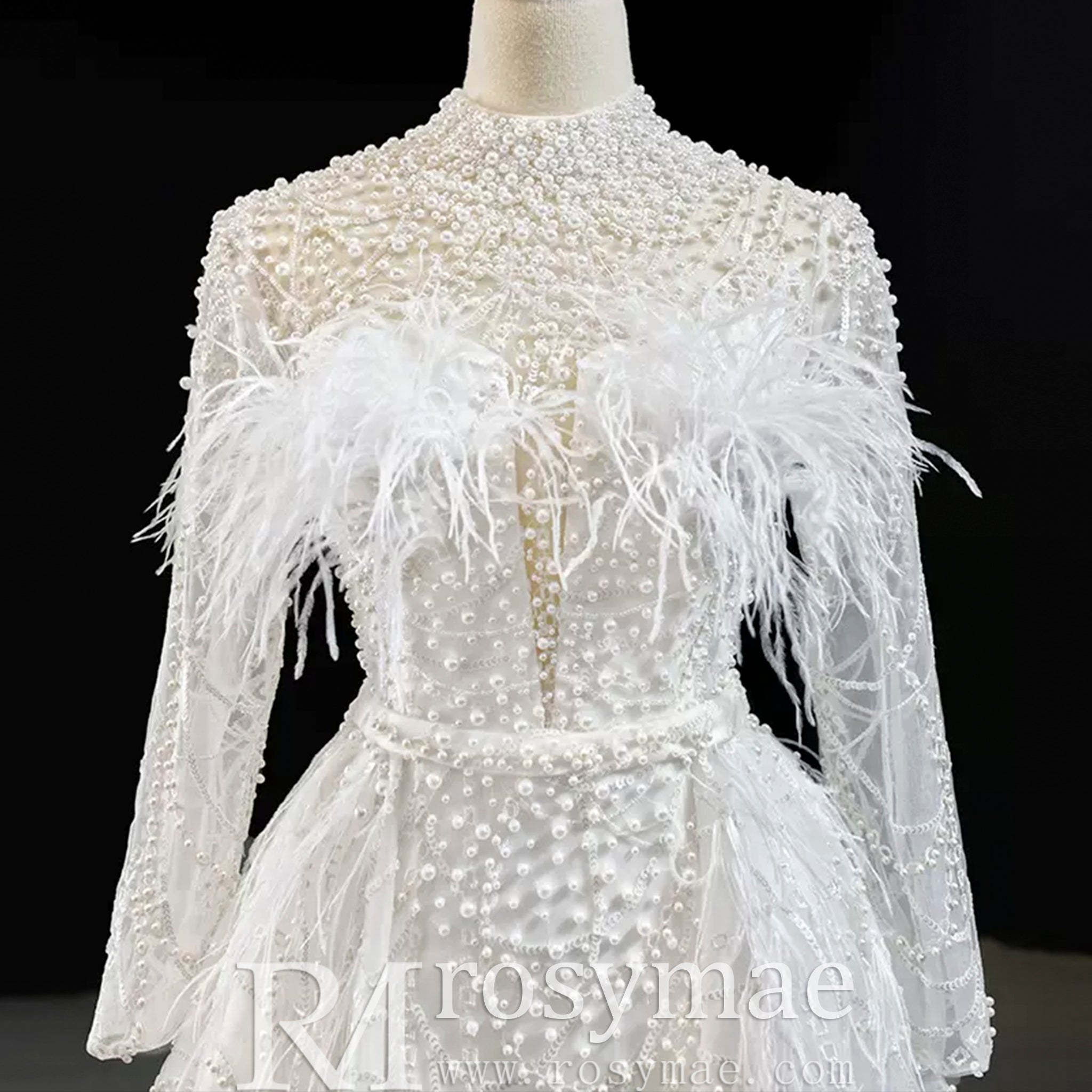Gorgeous Pearls Ostrich Wedding Dress with Detachable Skirt - Rosymae
