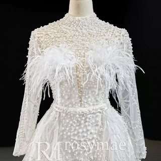 Gorgeous Pearls Ostrich Wedding Dress with Detachable Skirt - Rosymae