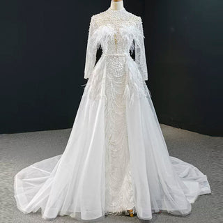 Gorgeous Pearls Ostrich Wedding Dress with Detachable Skirt - Rosymae