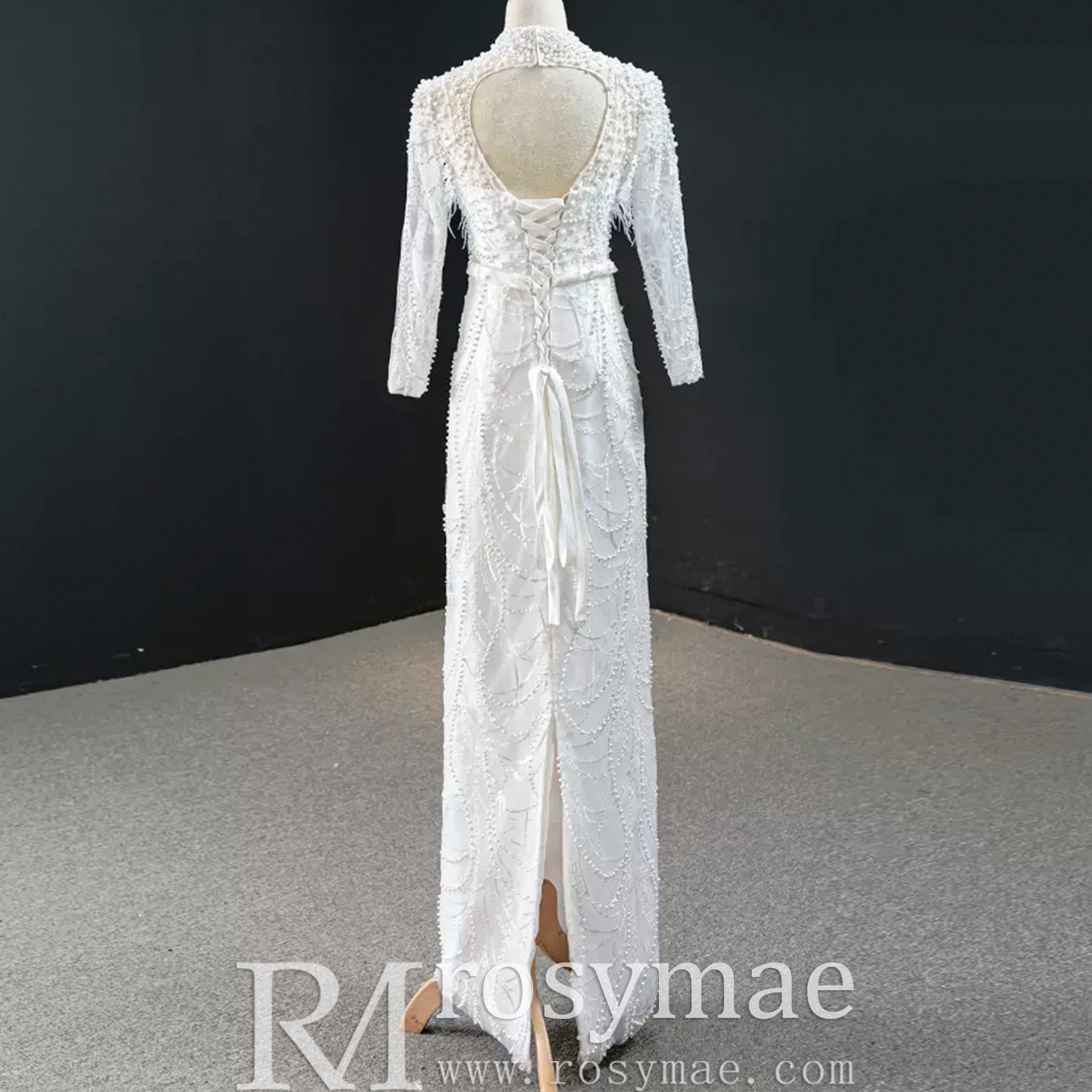 Gorgeous Pearls Ostrich Wedding Dress with Detachable Skirt - Rosymae