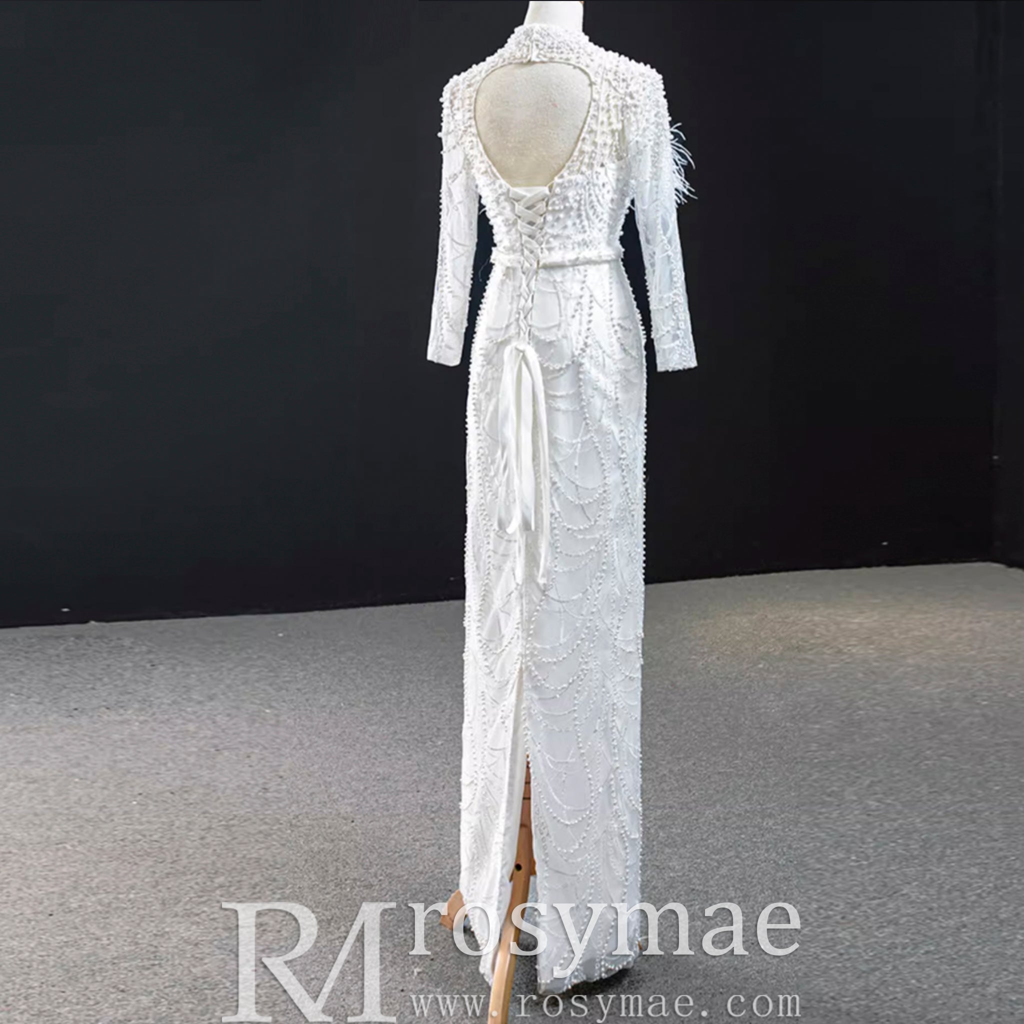Gorgeous Pearls Ostrich Wedding Dress with Detachable Skirt - Rosymae