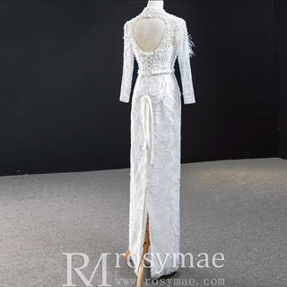 Gorgeous Pearls Ostrich Wedding Dress with Detachable Skirt - Rosymae