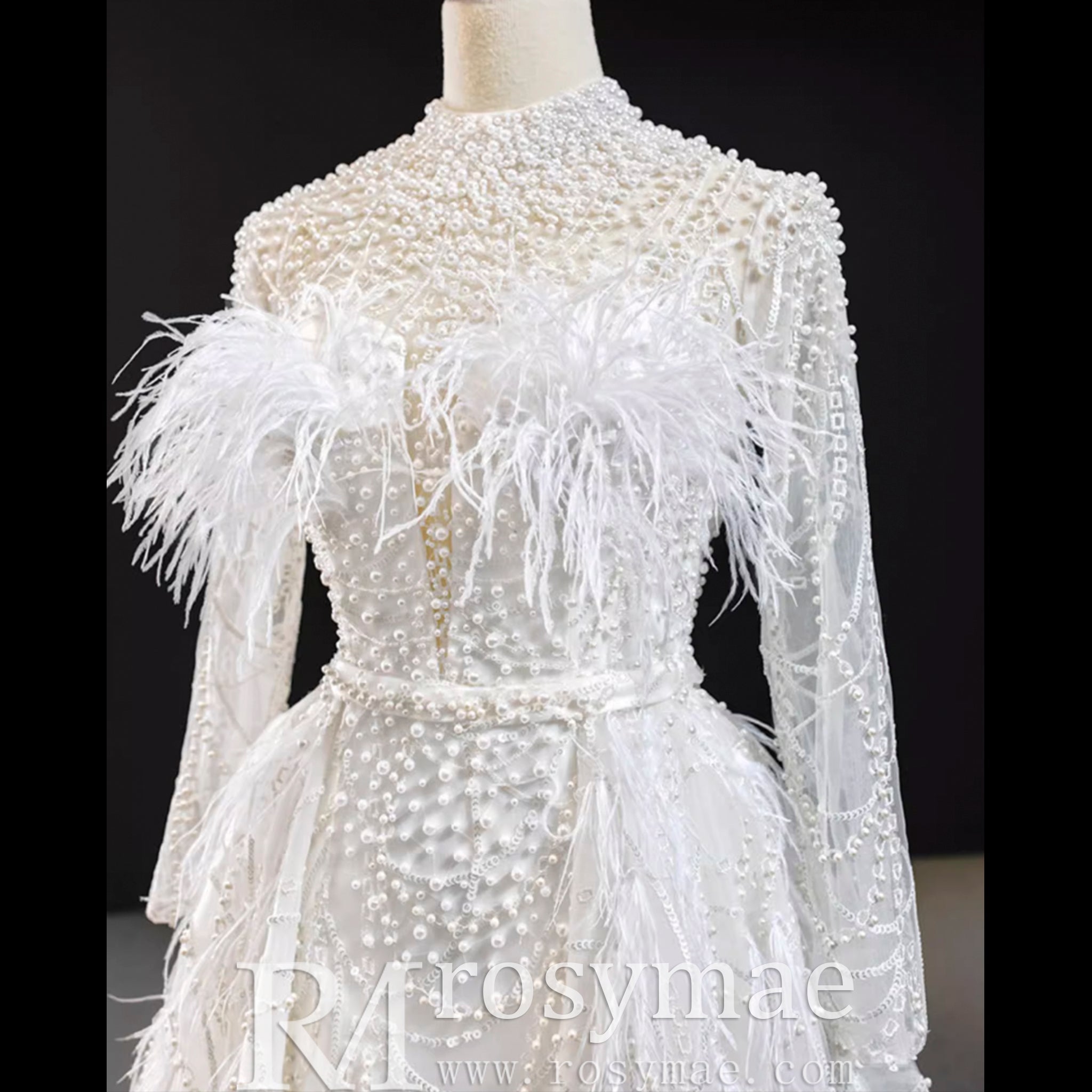 Gorgeous Pearls Ostrich Wedding Dress with Detachable Skirt - Rosymae
