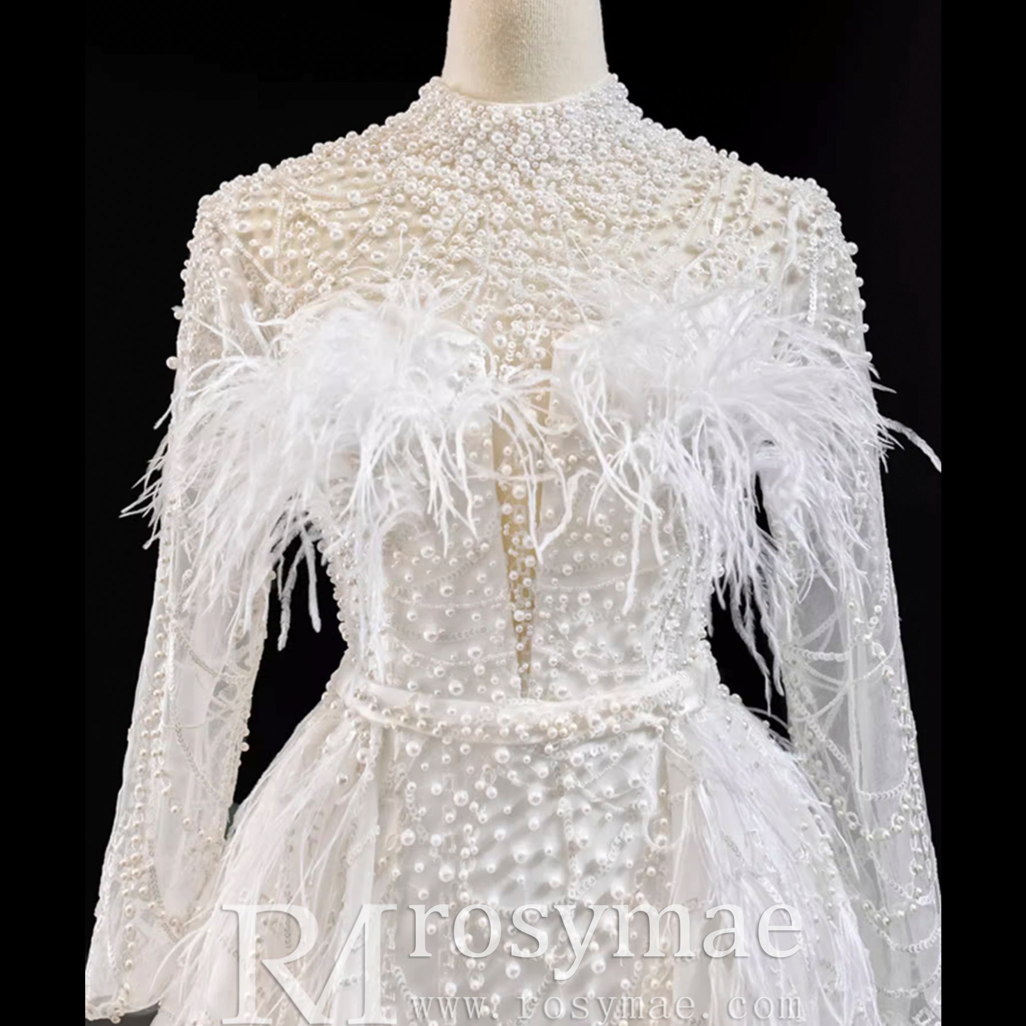 Gorgeous Pearls Ostrich Wedding Dress with Detachable Skirt - Rosymae