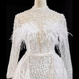 Gorgeous Pearls Ostrich Wedding Dress with Detachable Skirt - Rosymae