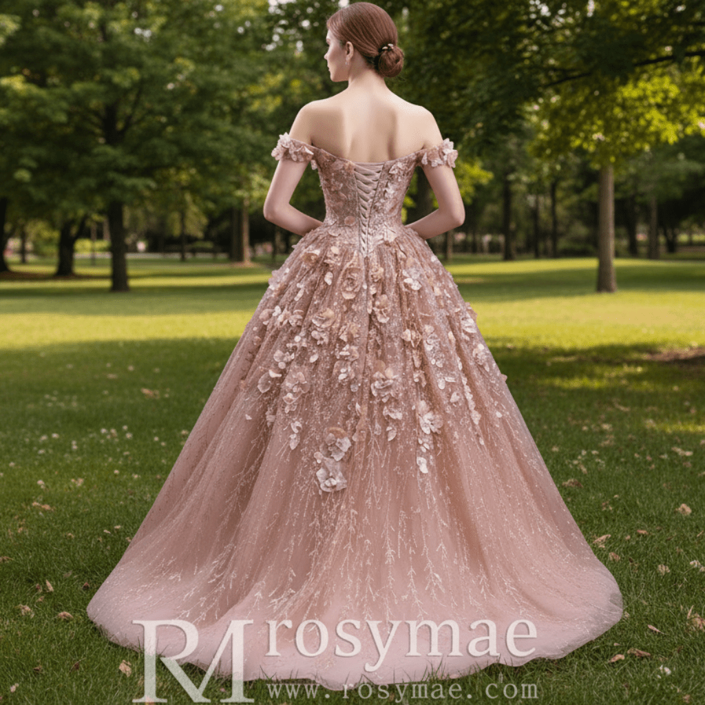 Gorgeous Pink Wedding Dress Ball Gown with Off-The-Shoulder - Rosymae