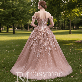 Gorgeous Pink Wedding Dress Ball Gown with Off-The-Shoulder - Rosymae