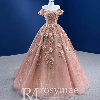 Gorgeous Pink Wedding Dress Ball Gown with Off-The-Shoulder - Rosymae