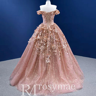 Gorgeous Pink Wedding Dress Ball Gown with Off-The-Shoulder - Rosymae