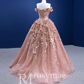 Gorgeous Pink Wedding Dress Ball Gown with Off-The-Shoulder - Rosymae