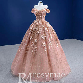 Gorgeous Pink Wedding Dress Ball Gown with Off-The-Shoulder - Rosymae