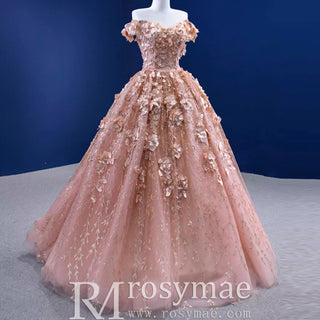 Gorgeous Pink Wedding Dress Ball Gown with Off-The-Shoulder - Rosymae