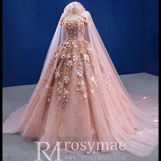 Gorgeous Pink Wedding Dress Ball Gown with Off-The-Shoulder - Rosymae