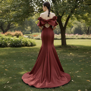 Gorgeous Plum Satin Mermaid Prom Dress with Off Sleeve - Rosymae