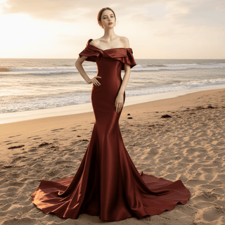Gorgeous Plum Satin Mermaid Prom Dress with Off Sleeve - Rosymae