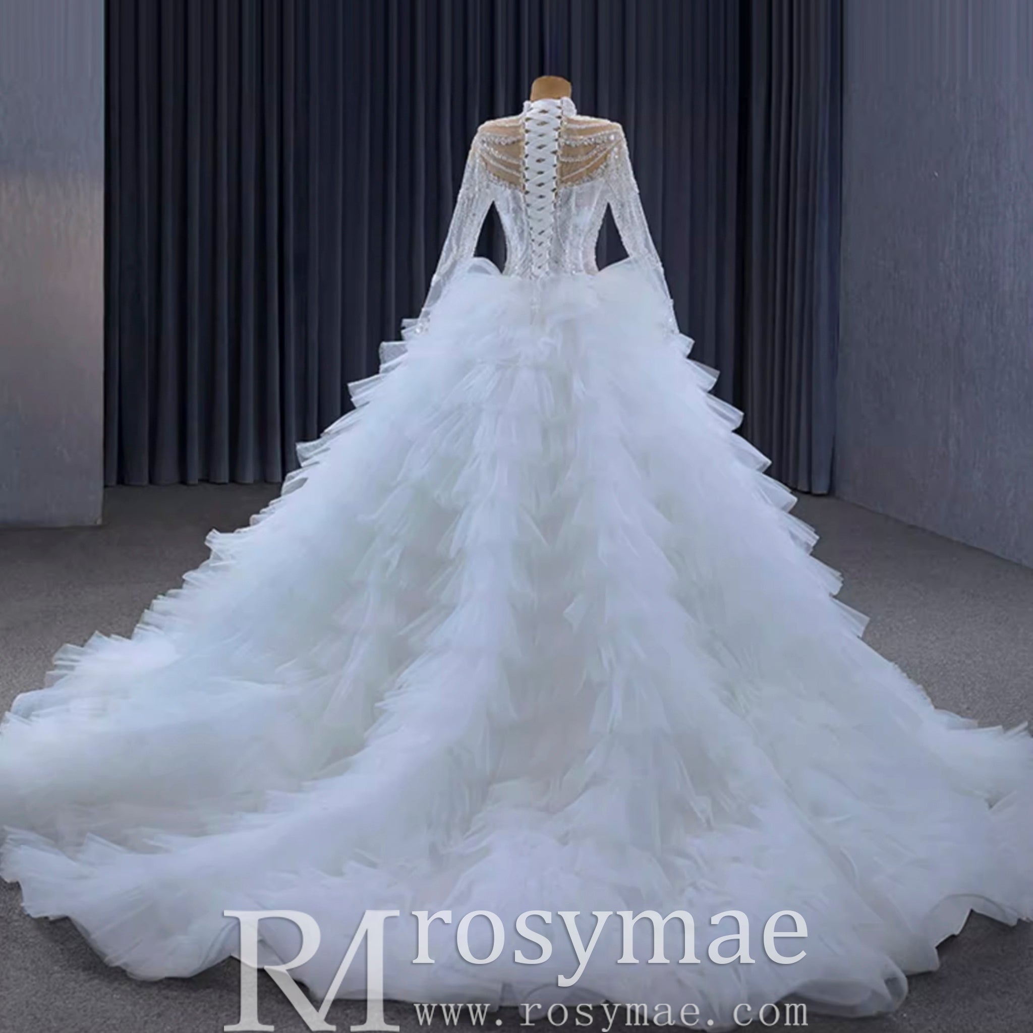 Gorgeous Puffy Ball Gown High Neck Wedding Dress with Long Sleeve - Rosymae