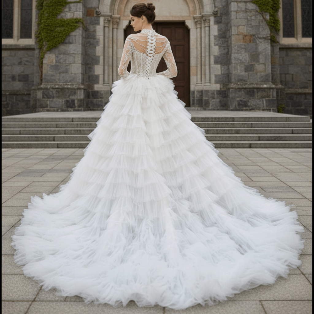 Gorgeous Puffy Ball Gown High Neck Wedding Dress with Long Sleeve - Rosymae