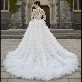 Gorgeous Puffy Ball Gown High Neck Wedding Dress with Long Sleeve - Rosymae