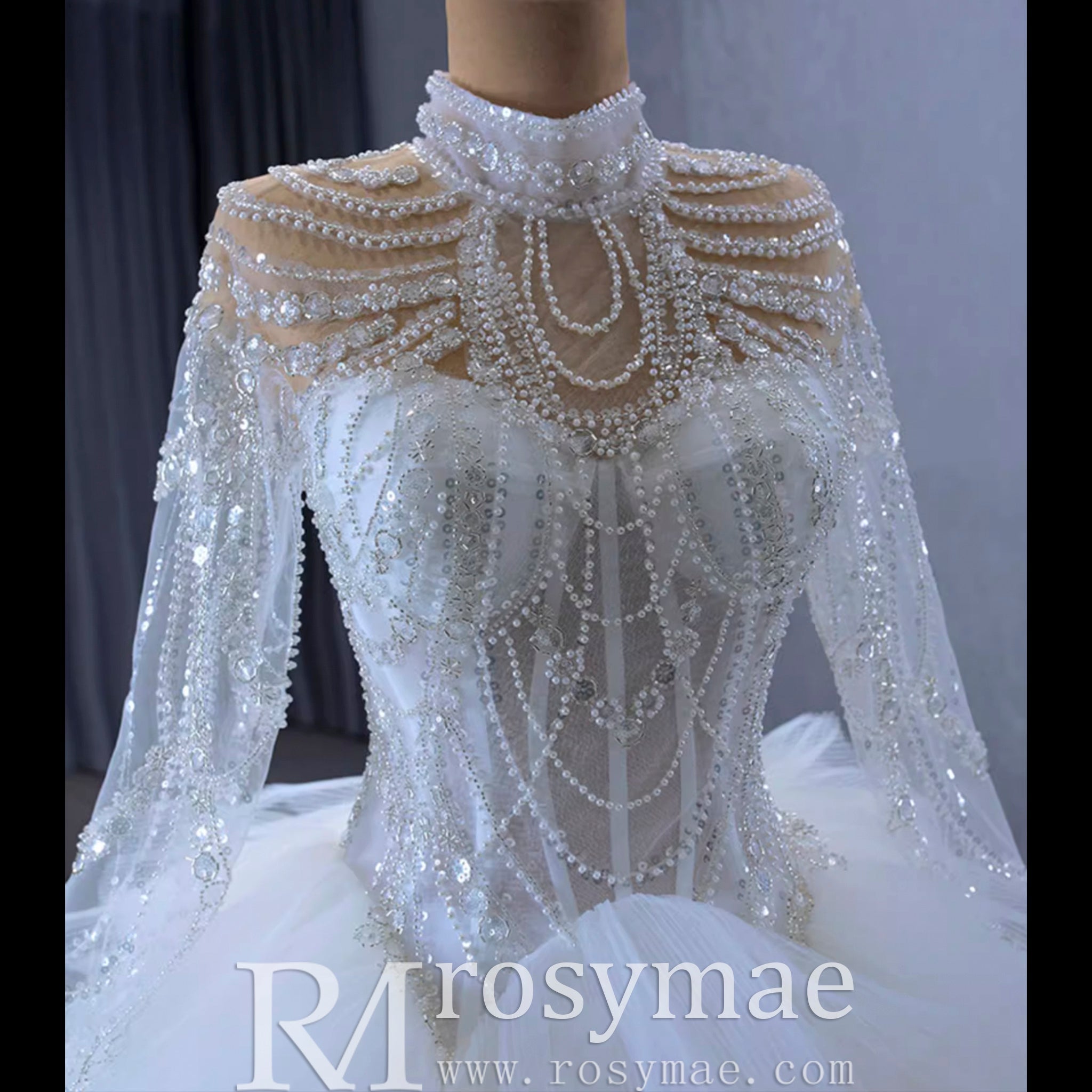 Gorgeous Puffy Ball Gown High Neck Wedding Dress with Long Sleeve - Rosymae