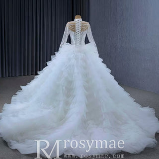 Gorgeous Puffy Ball Gown High Neck Wedding Dress with Long Sleeve - Rosymae