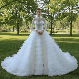 Gorgeous Puffy Ball Gown High Neck Wedding Dress with Long Sleeve - Rosymae