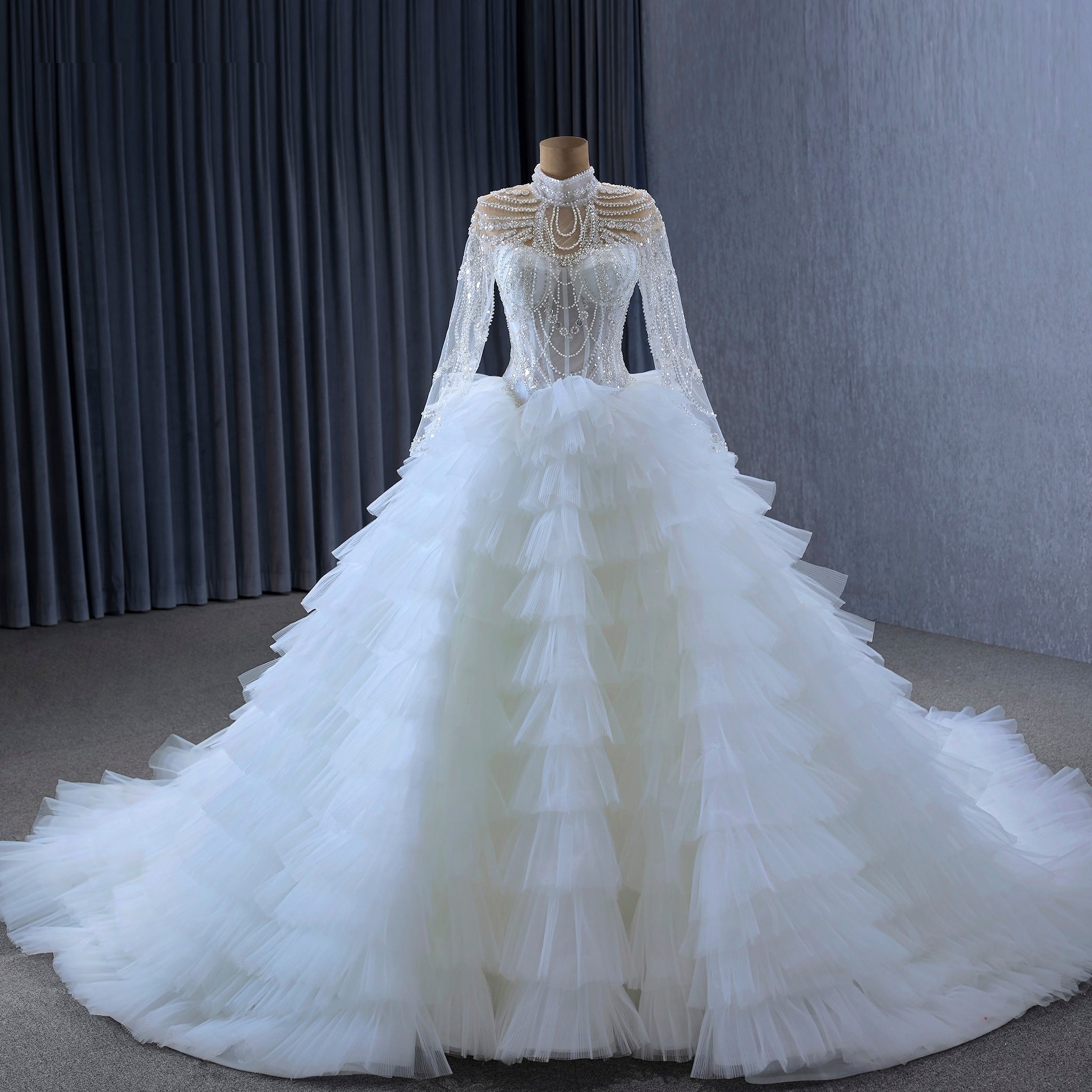 Gorgeous Puffy Ball Gown High Neck Wedding Dress with Long Sleeve - Rosymae