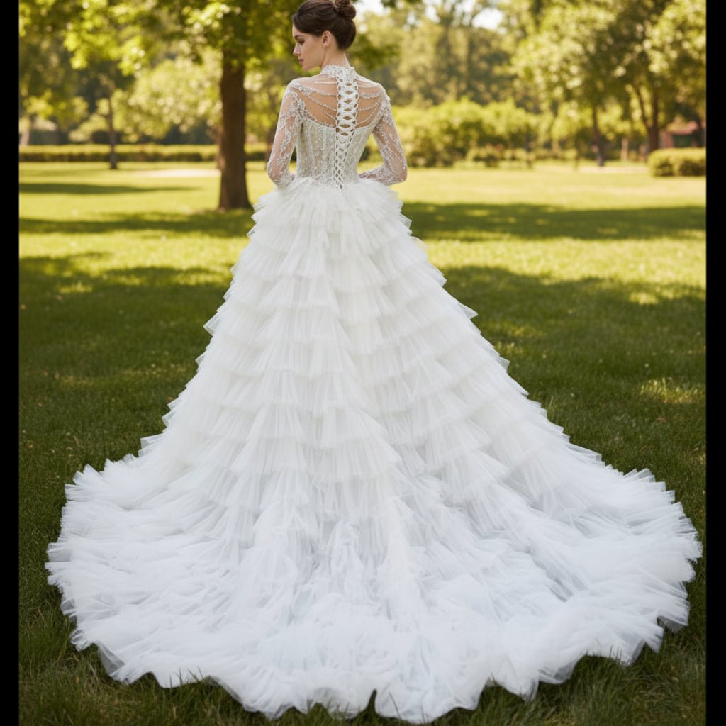 Gorgeous Puffy Ball Gown High Neck Wedding Dress with Long Sleeve - Rosymae