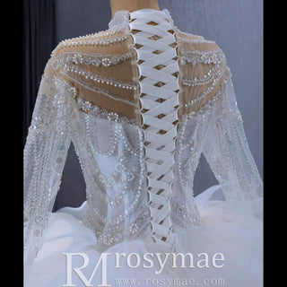 Gorgeous Puffy Ball Gown High Neck Wedding Dress with Long Sleeve - Rosymae
