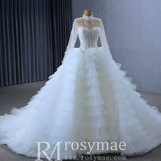 Gorgeous Puffy Ball Gown High Neck Wedding Dress with Long Sleeve - Rosymae