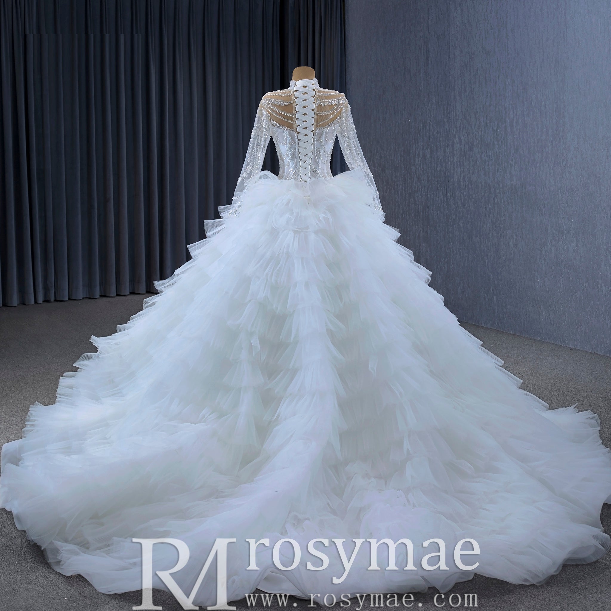 Gorgeous Puffy Ball Gown High Neck Wedding Dress with Long Sleeve - Rosymae