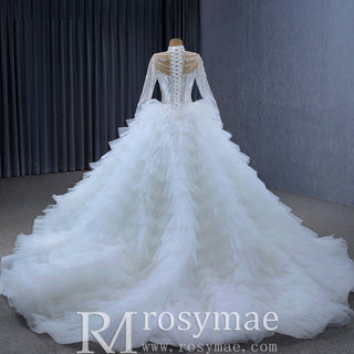 Gorgeous Puffy Ball Gown High Neck Wedding Dress with Long Sleeve - Rosymae