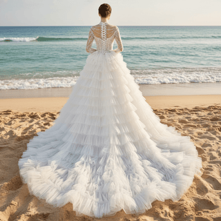 Gorgeous Puffy Ball Gown High Neck Wedding Dress with Long Sleeve - Rosymae