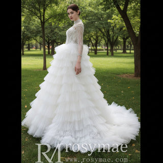 Gorgeous Puffy Ball Gown High Neck Wedding Dress with Long Sleeve - Rosymae